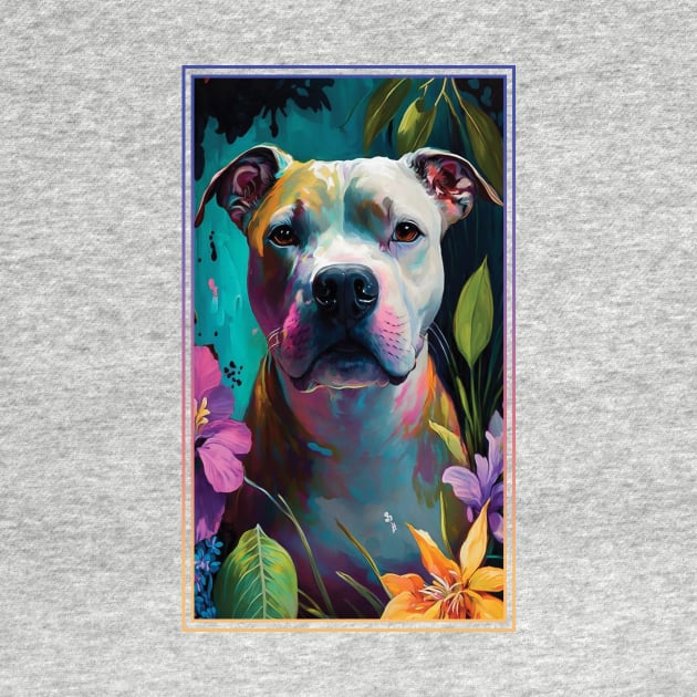 American Staffordshire Terrier Pitbull Vibrant Tropical Flower Tall Digital Oil Painting Portrait  5 by ArtHouseFlunky